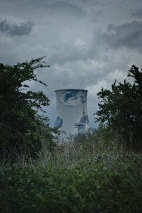A large industrial cooling tower is surrounded by dense vegetation and trees. The sky above is overcast with dark clouds, giving a moody atmosphere. The cooling tower has a weathered appearance with patches of discoloration.
