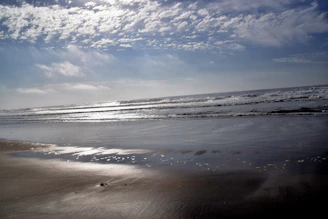 Sunlit view of the Salinas beach in Ibiza with gentle waves and salt flats in the background.