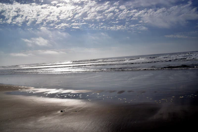Sunlit view of the Salinas beach in Ibiza with gentle waves and salt flats in the background.