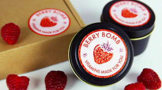 Healthy supplements and vitamins displayed alongside fresh fruits and herbs.