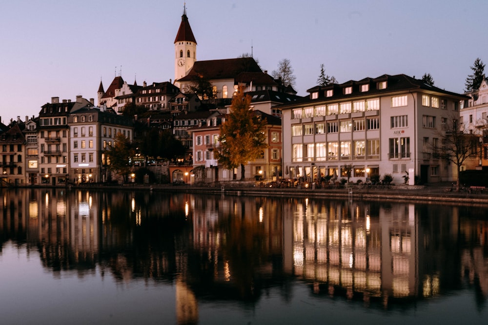 a body of water with buildings along it