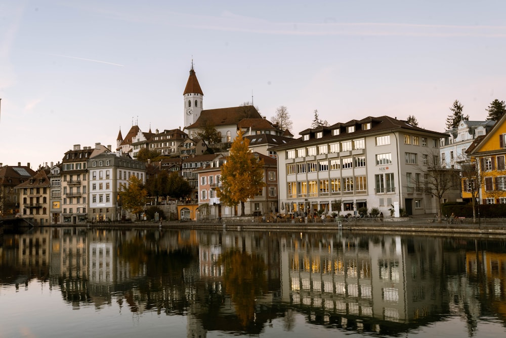 a body of water with buildings along it