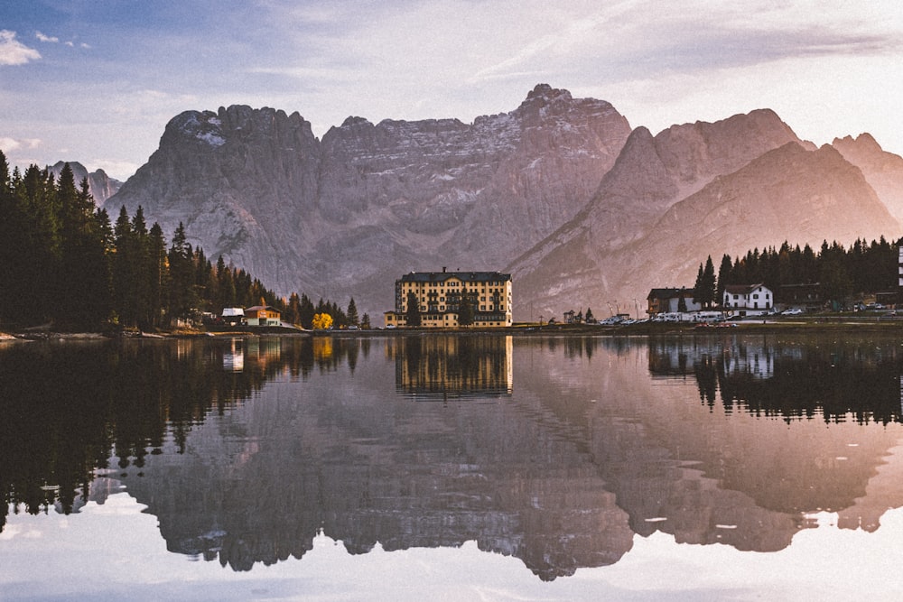 a building on a lake
