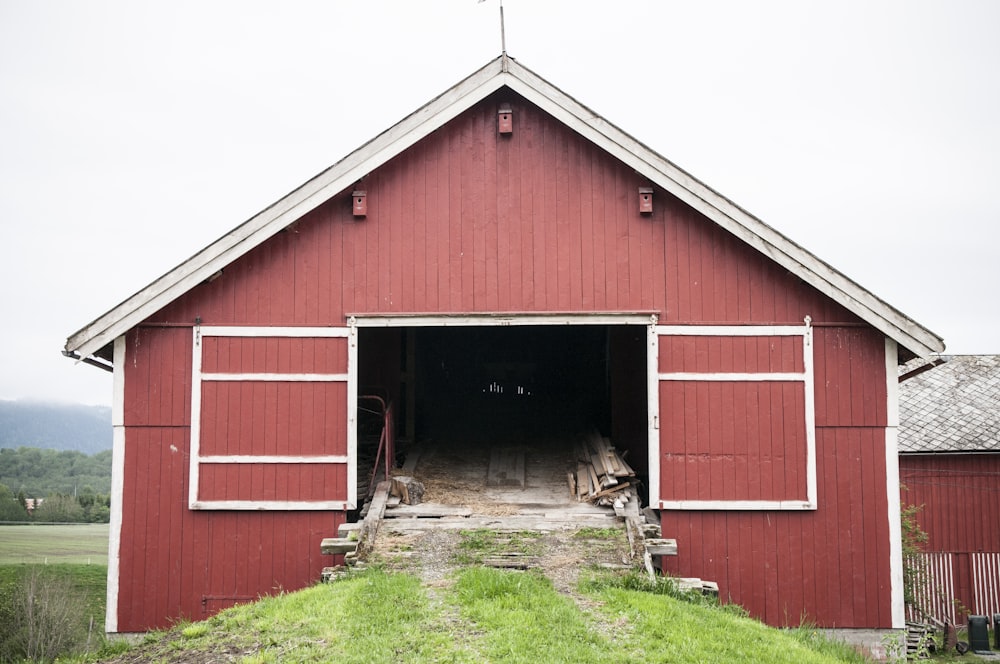 a red barn with a door