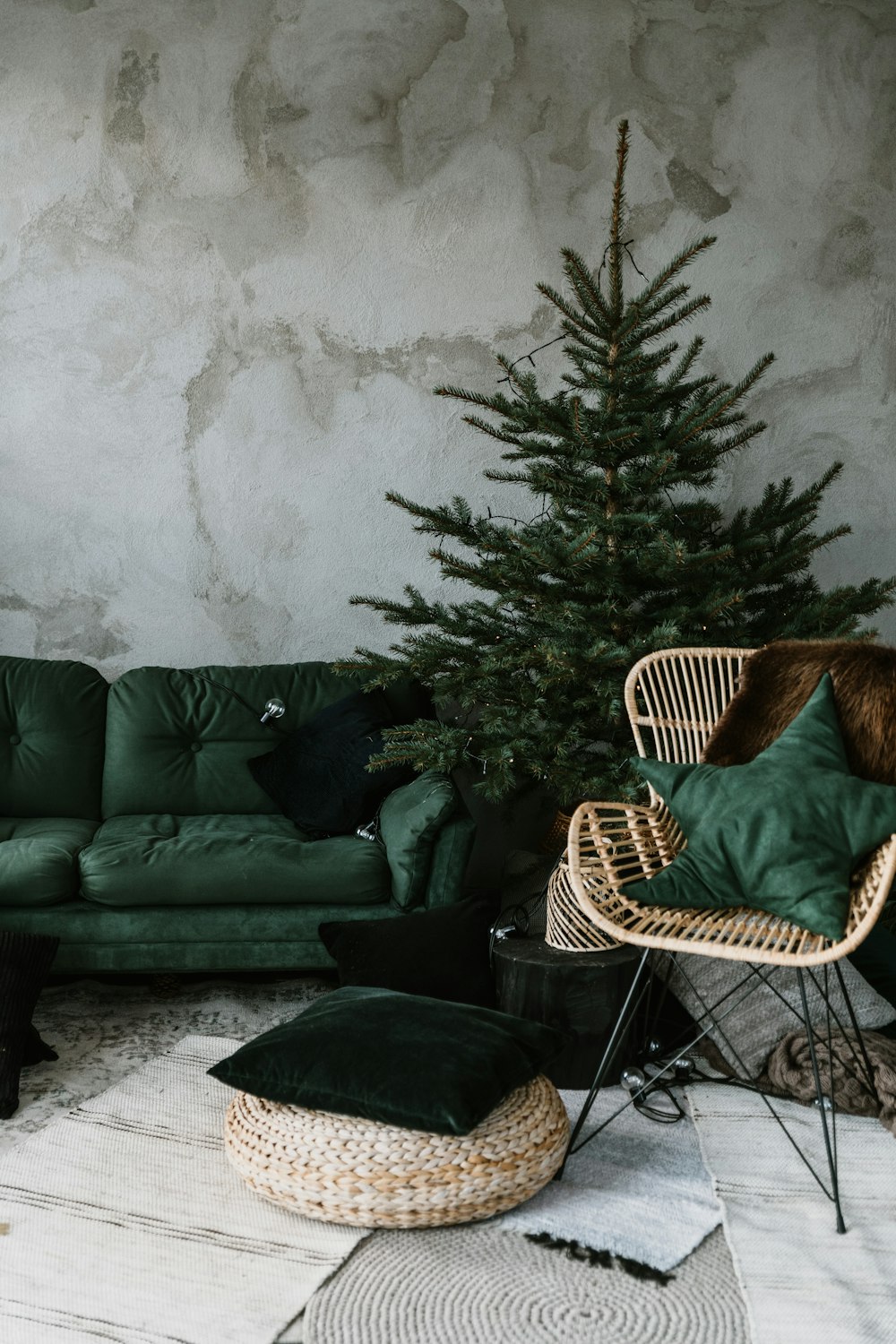 a tree and a chair in a room with a couch and a table