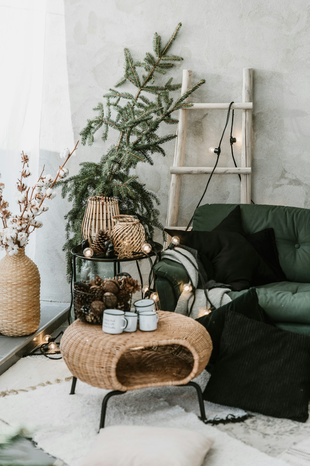 a small tree in a small round pot on a couch