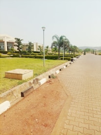 A landscaped campus pathway lined with palm trees, lamp posts, and manicured lawns. A large building with signage is visible on the left, and the area appears calm and well-maintained.