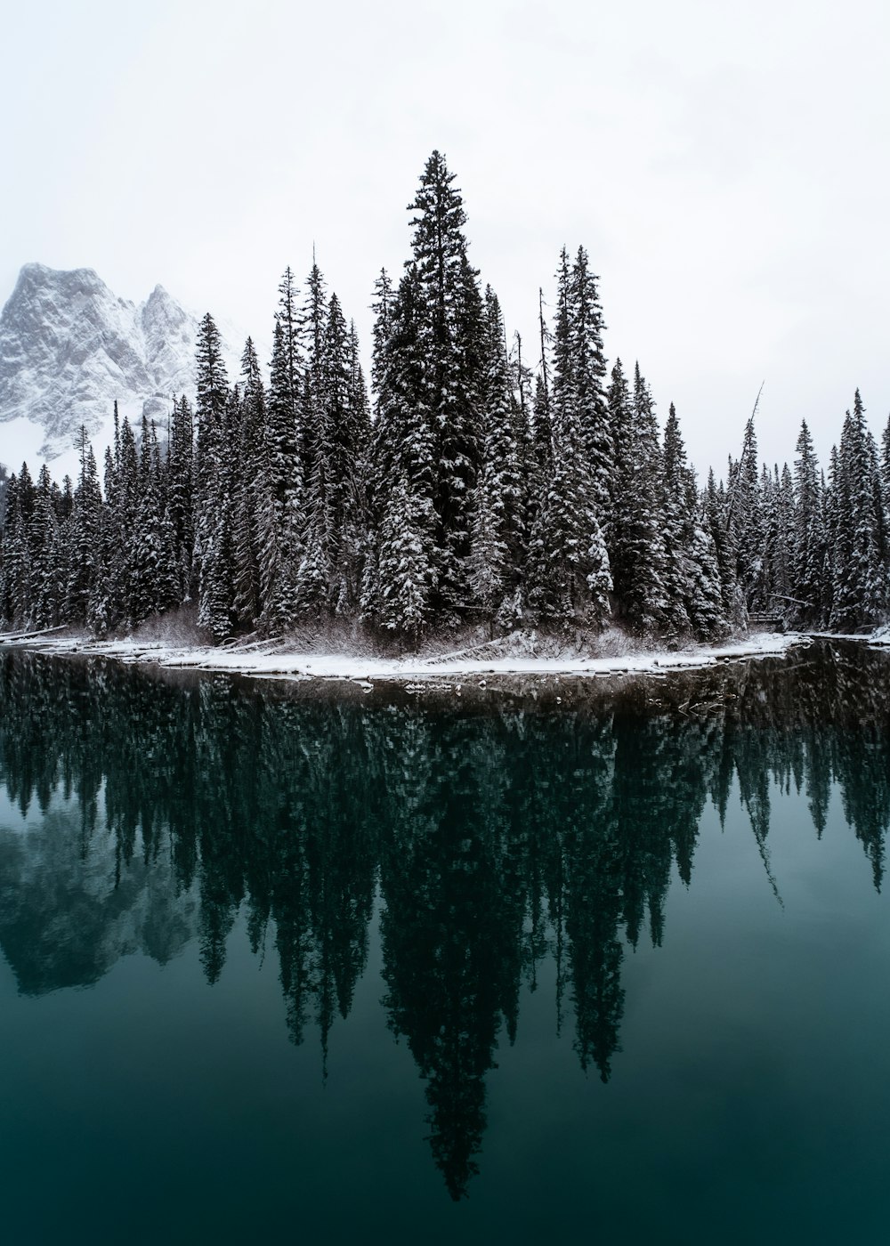 a lake with trees and mountains in the background