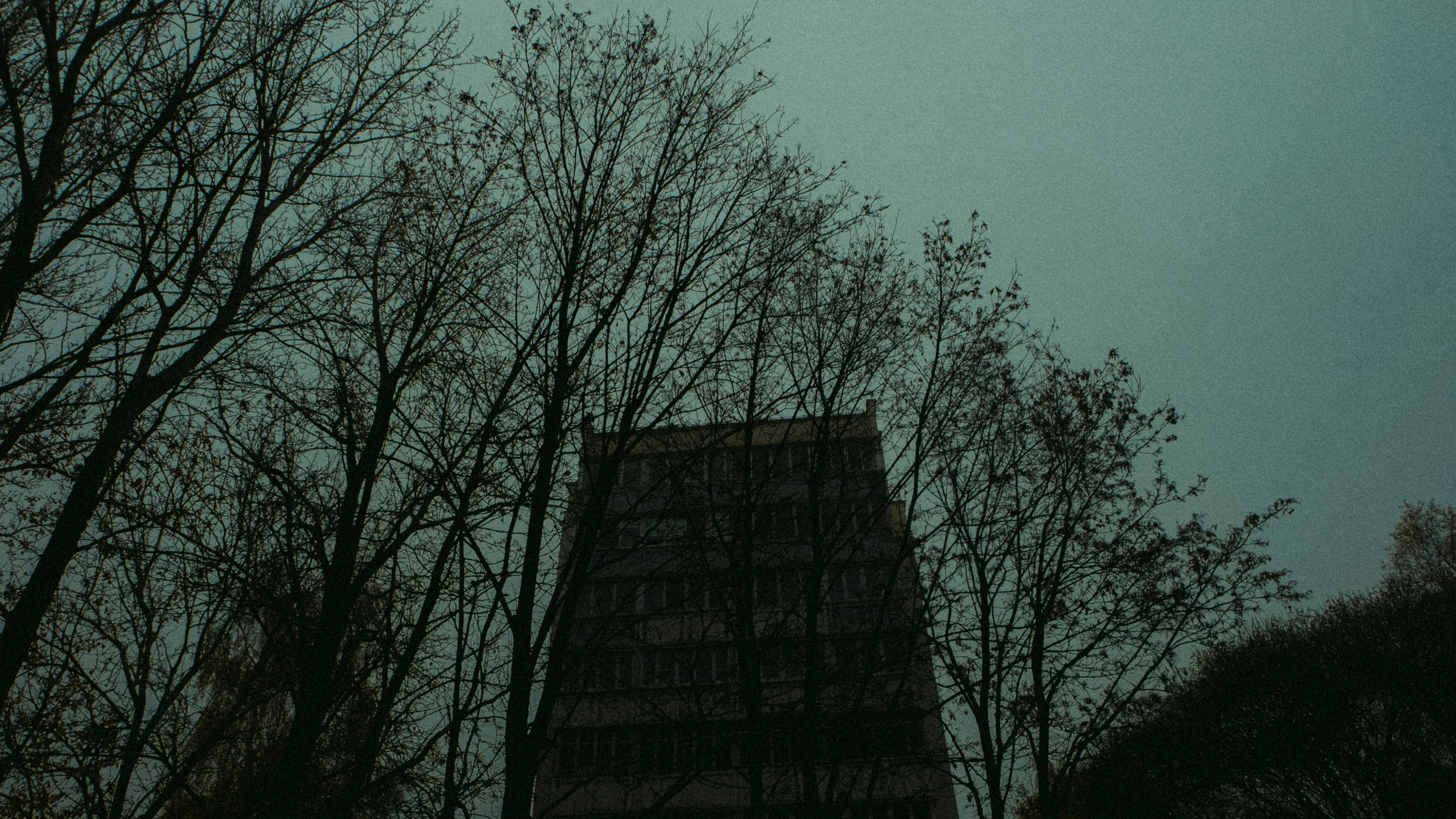 a tall building with trees around it