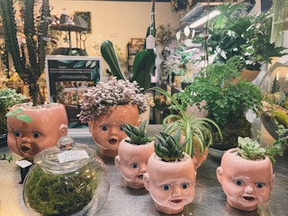 Unconventional plant pots designed as baby doll heads with various small plants and succulents arranged inside. The setting appears to be a plant shop with a variety of other greenery in the background.