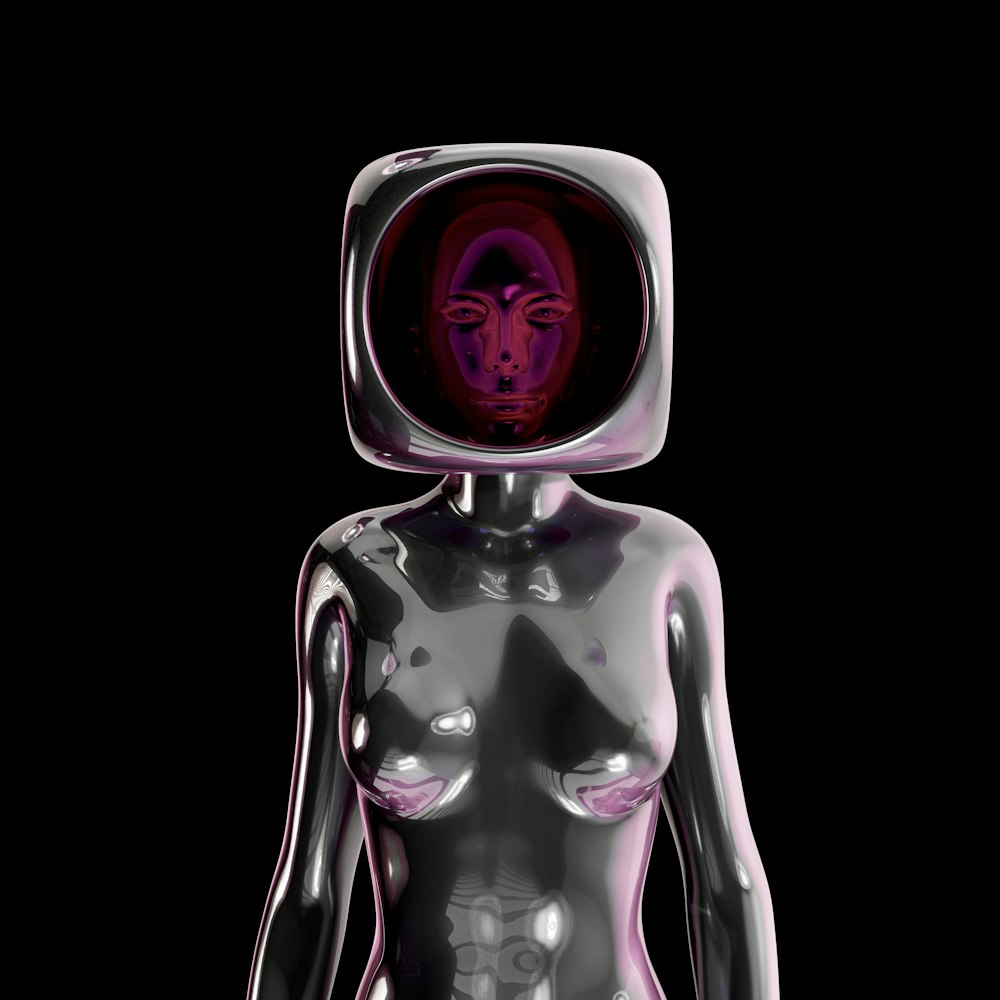 a silver robot with a purple face