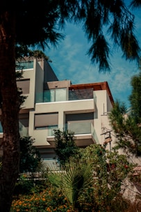 a house with trees and bushes around it