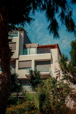 a house with trees and bushes around it