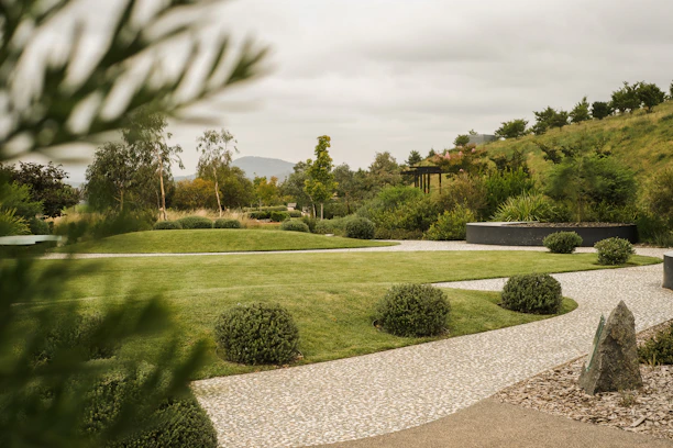 a large green lawn with bushes and trees designed by landscape designer in melbourne