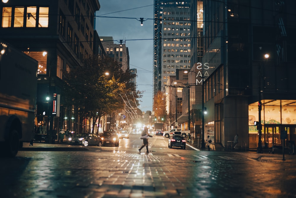 a person riding a bicycle on a city street