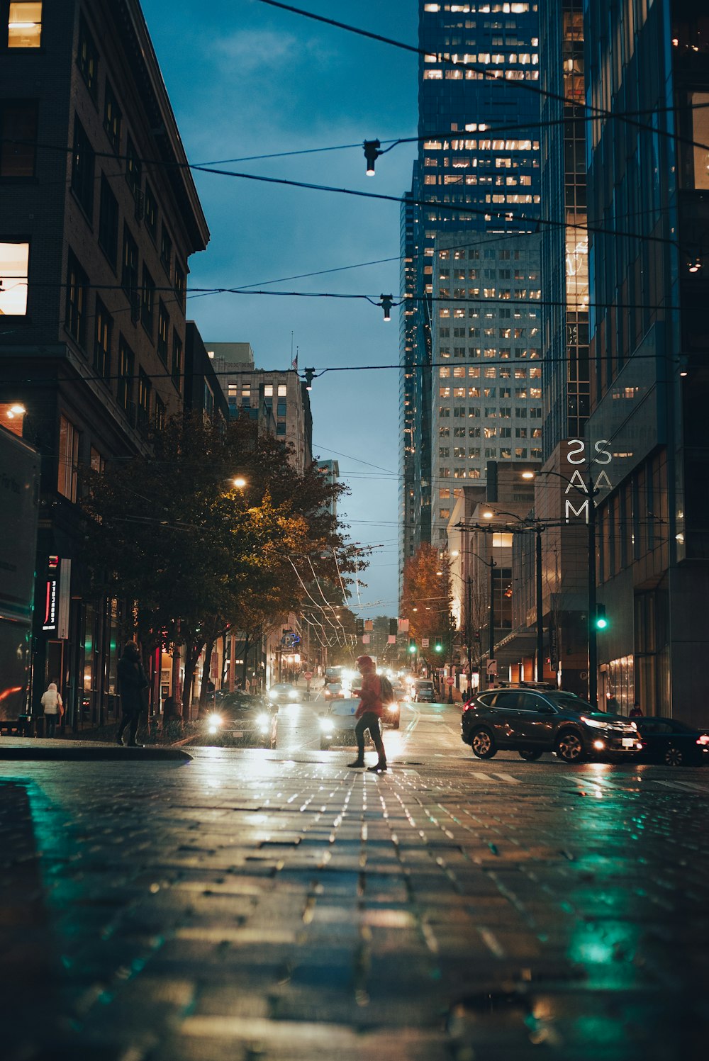 a person riding a bicycle on a city street