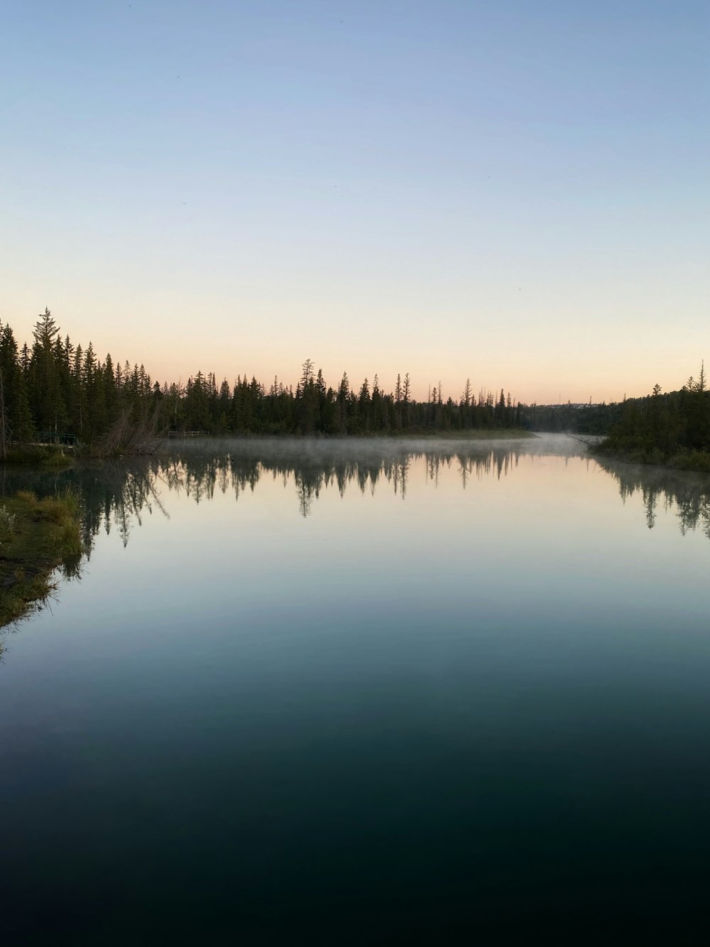 a body of water with trees around it