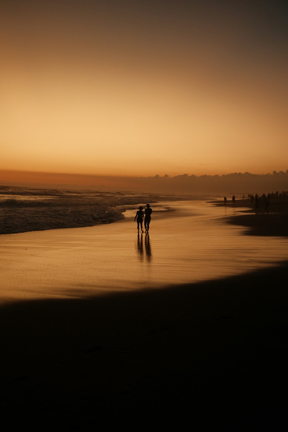 a couple of people walking on a beach