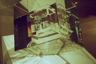 A transparent geometric cube contains intricate, circuit-like designs within its interior. The designs are embedded in a symmetrical pattern, casting reflections and subtle rainbows across the surrounding surface.