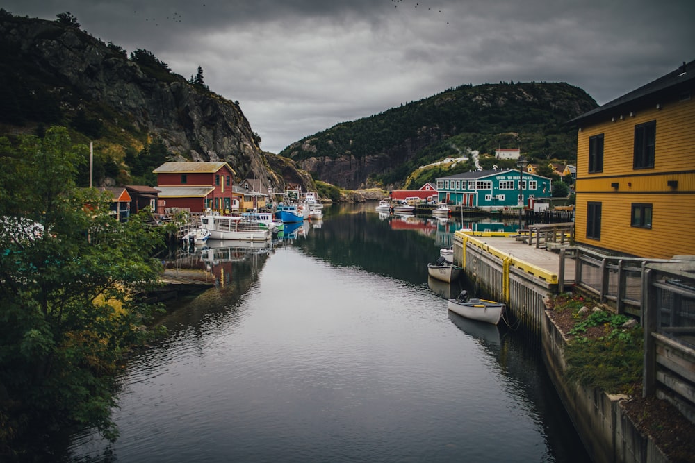 a body of water with boats and buildings along it