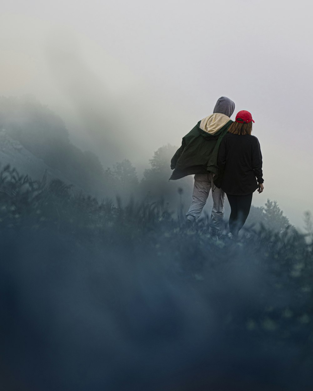 two people walking in the fog