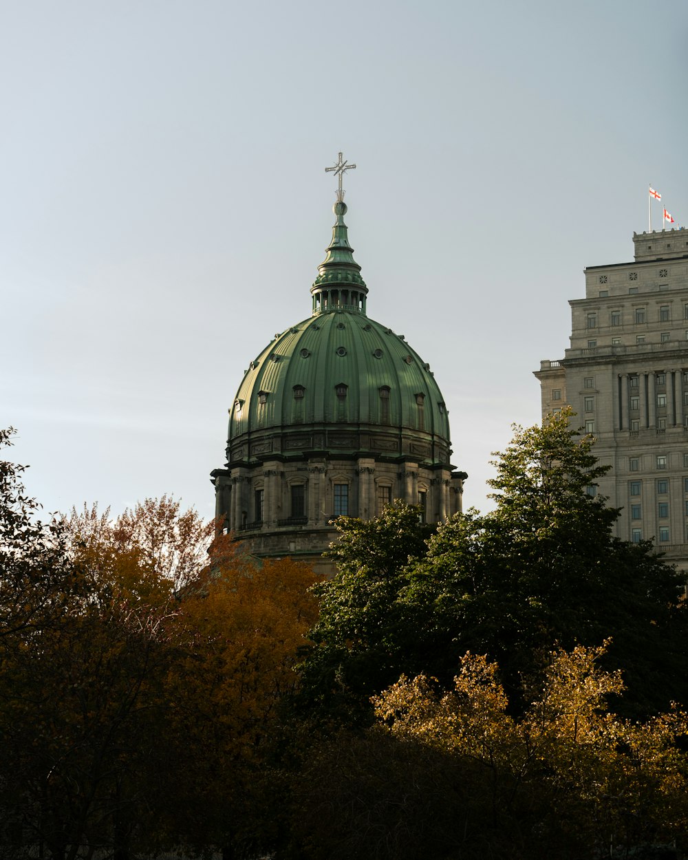 a building with a dome and trees in front of it