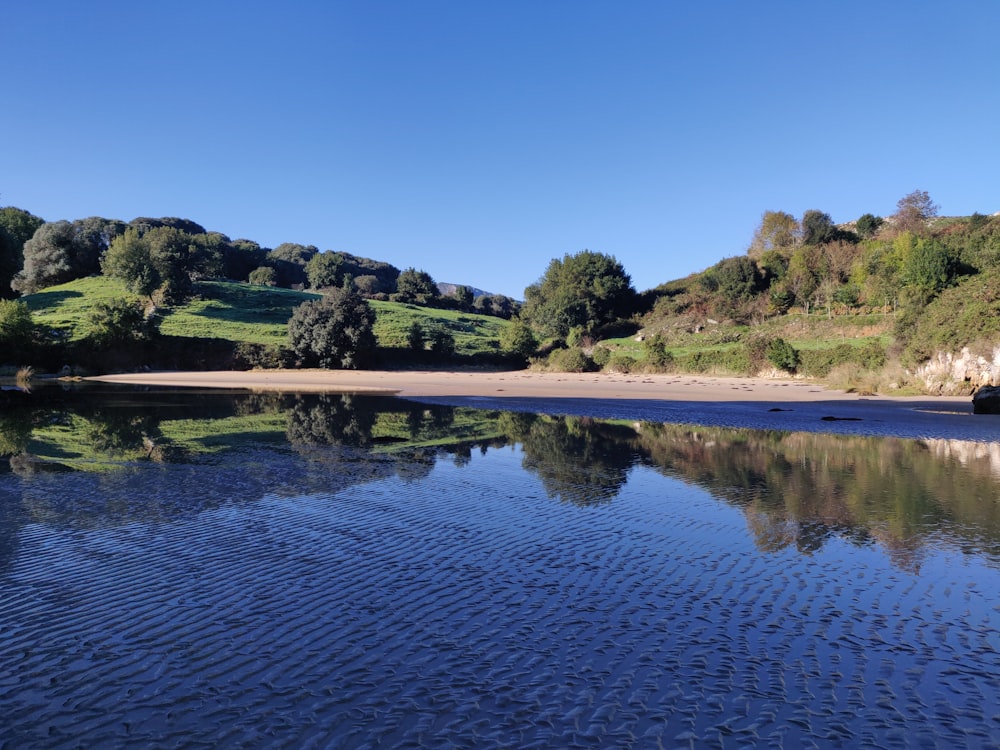 a body of water with trees and hills in the background