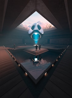 A futuristic, symmetrical architectural space with a triangular pool at its center. A large, floating, metallic structure with glowing blue light hangs above the pool. Several figures stand around the pool, and the ceiling has a geometric opening revealing a sky with soft pink clouds.