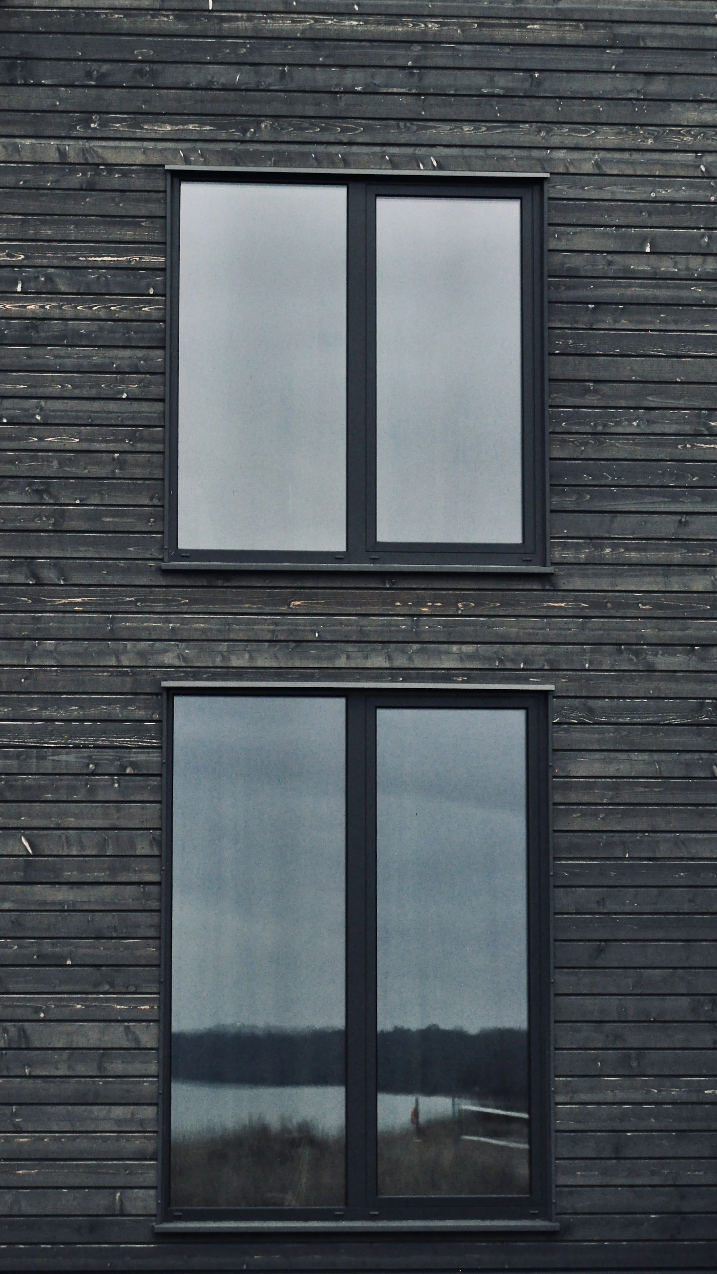 Fațadă modernă cu ferestre din aluminiu, rame subțiri negre