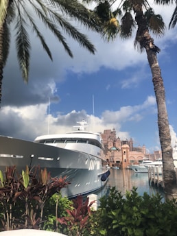 A luxurious yacht is docked by a picturesque marina, surrounded by lush tropical foliage and towering palm trees. The backdrop features an elaborate, castle-like pink structure with spires, reflecting a grand architectural design. The sky is partly cloudy with a mix of gray and blue hues.