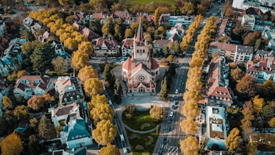a city with many buildings and trees