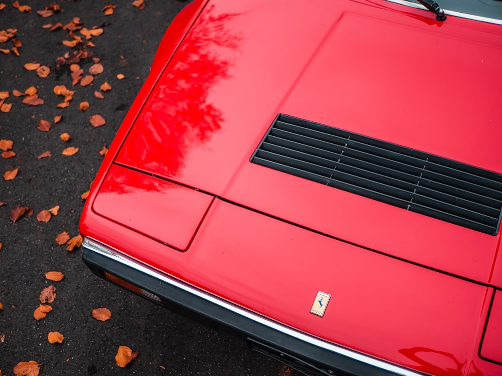 the front of a red car