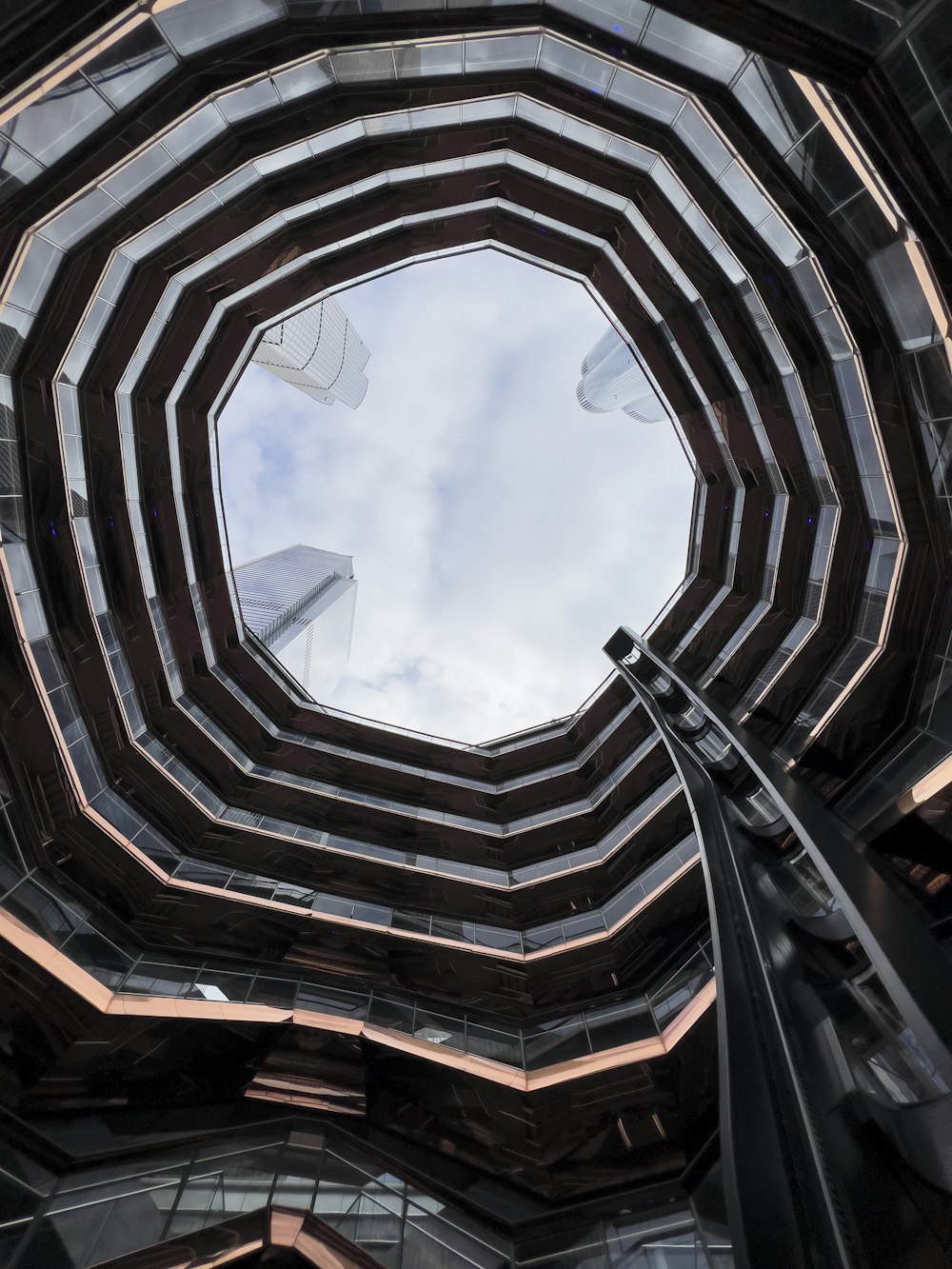 looking up at a building through a window