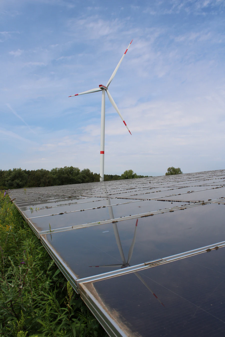 Solar panels in a field with a wind turbine