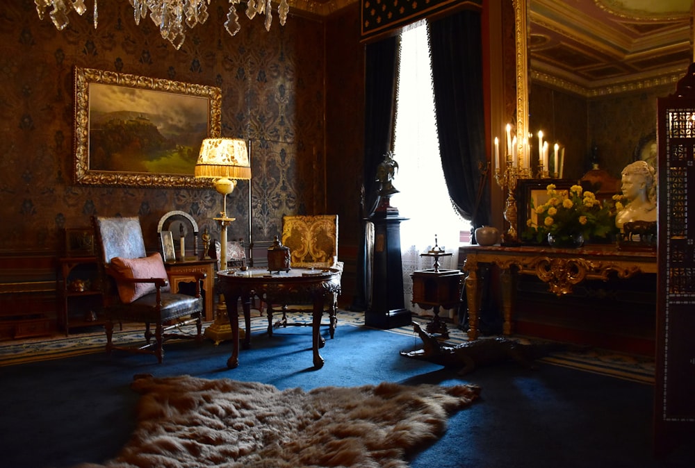 a room with a table and chairs