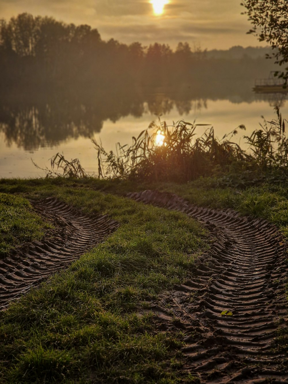 a dirt road next to a body of water with trees on the side