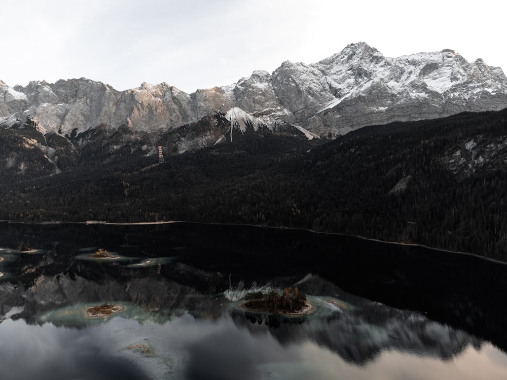 a lake with mountains in the background