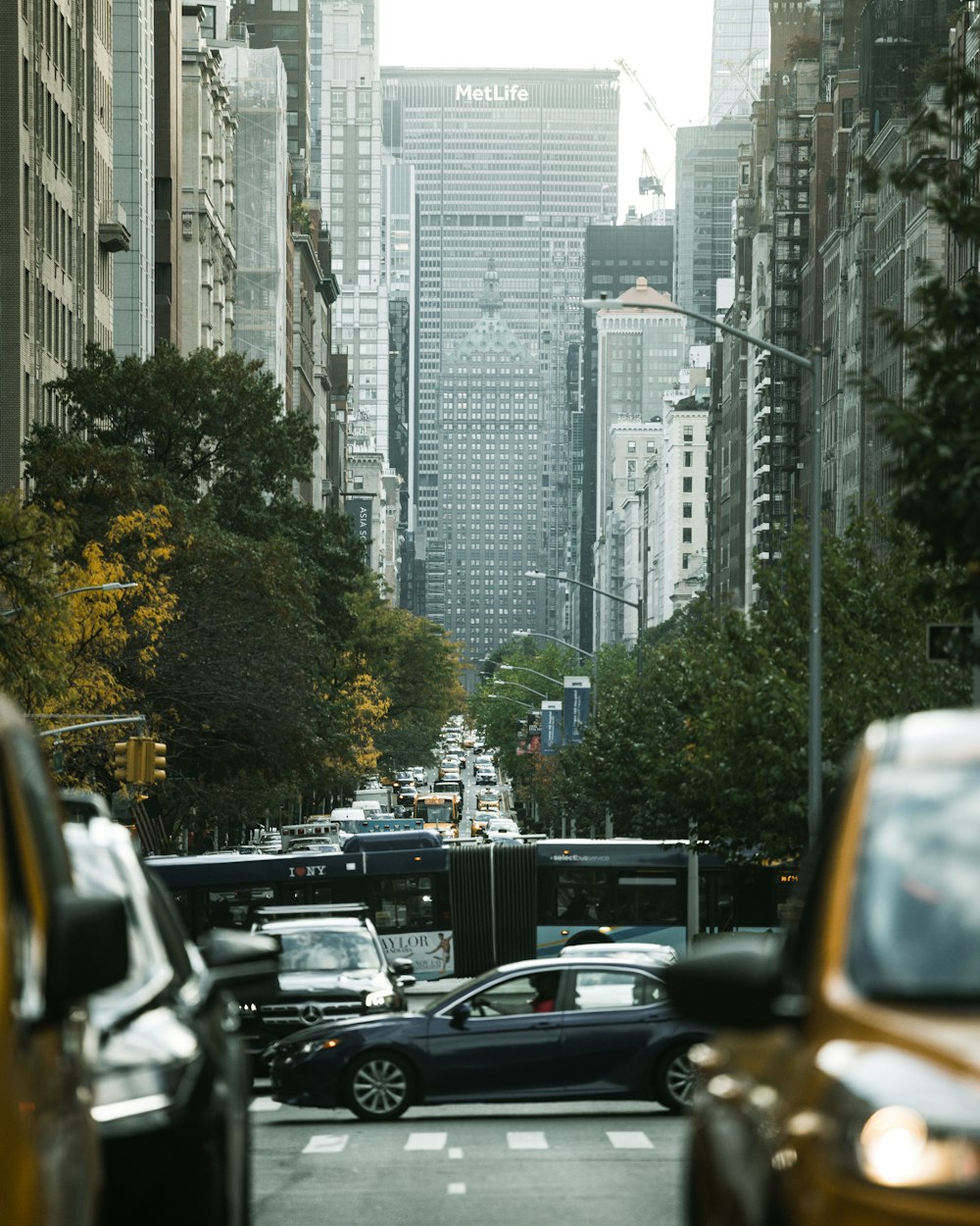 a busy street with cars and trees