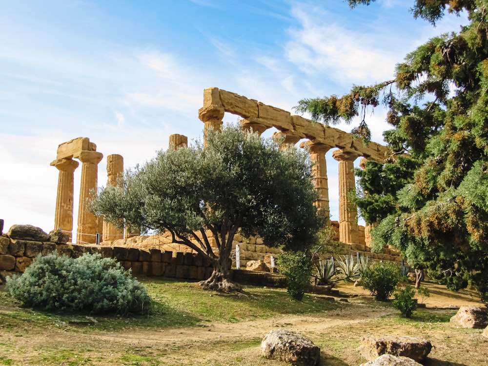 une structure en pierre avec des colonnes et un arbre devant elle