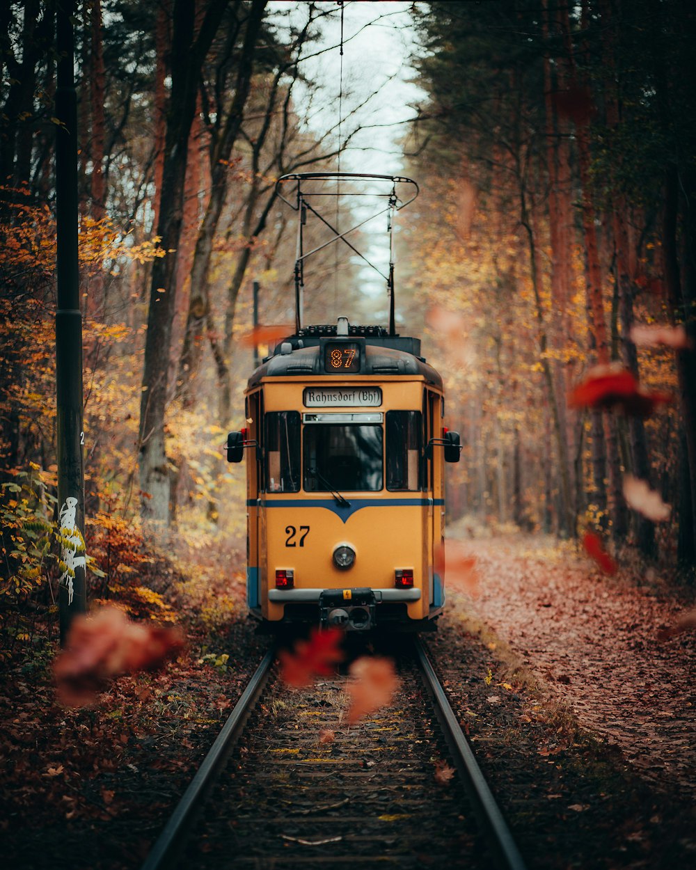 a yellow train on the tracks
