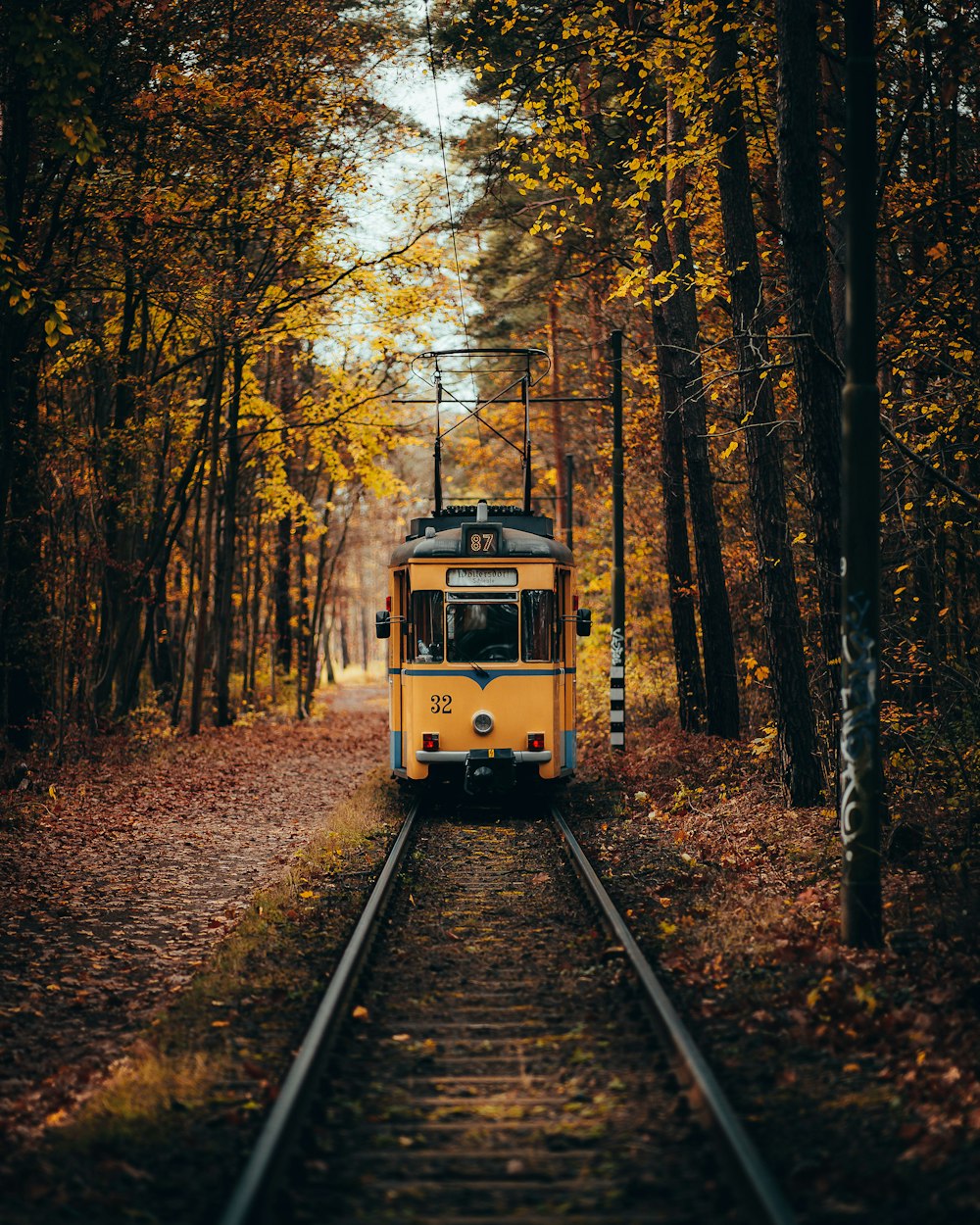 a train travels down the tracks