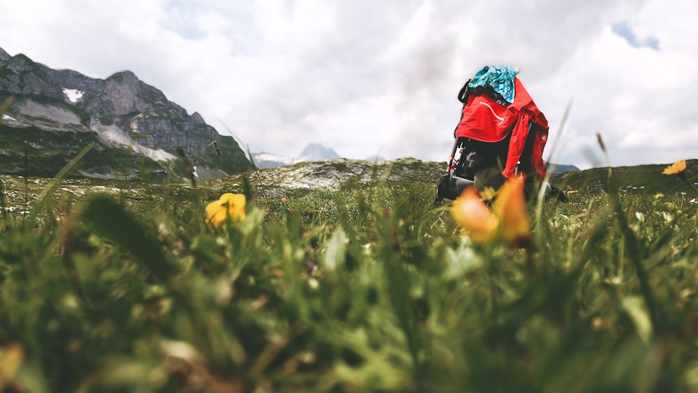 a person in a red jacket running through a field of grass