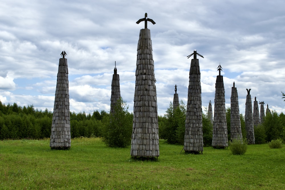a group of tall stone structures