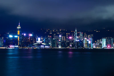 Moody cityscape at night with glowing lights and dark silhouettes.