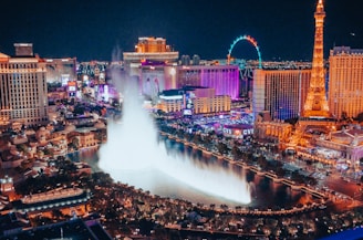 a city with a fountain in the middle of it