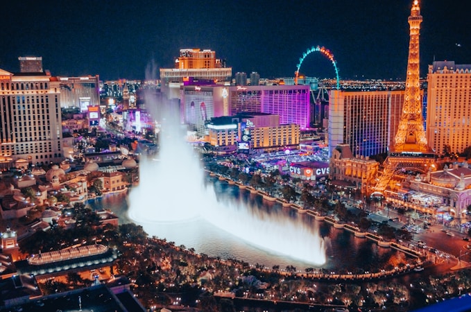 The Las Vegas skyline with high-rise towers and fountains, the setting for the record $21 million condo sale