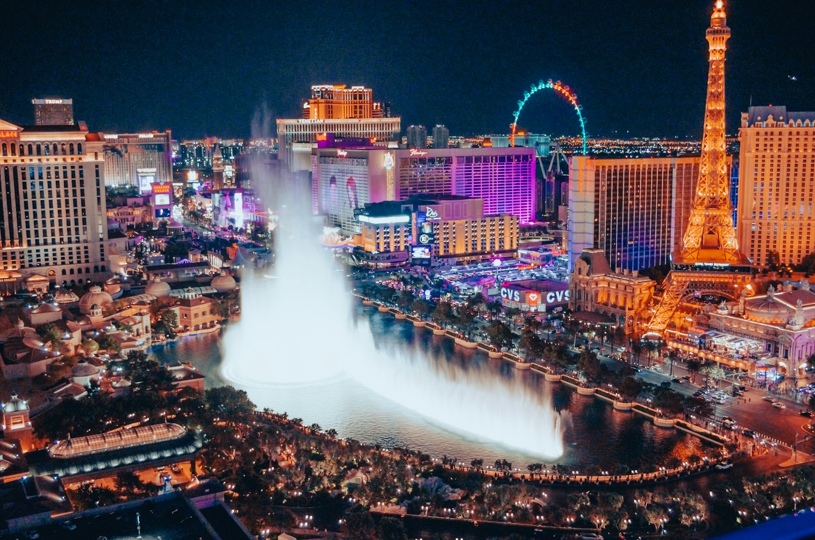 Las Vegas Strip and Bellagio fountain show viewed from the Cosmopolitan hotel at dusk