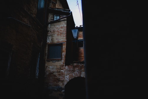 An old, flickering street lamp casting long shadows over an empty alley.