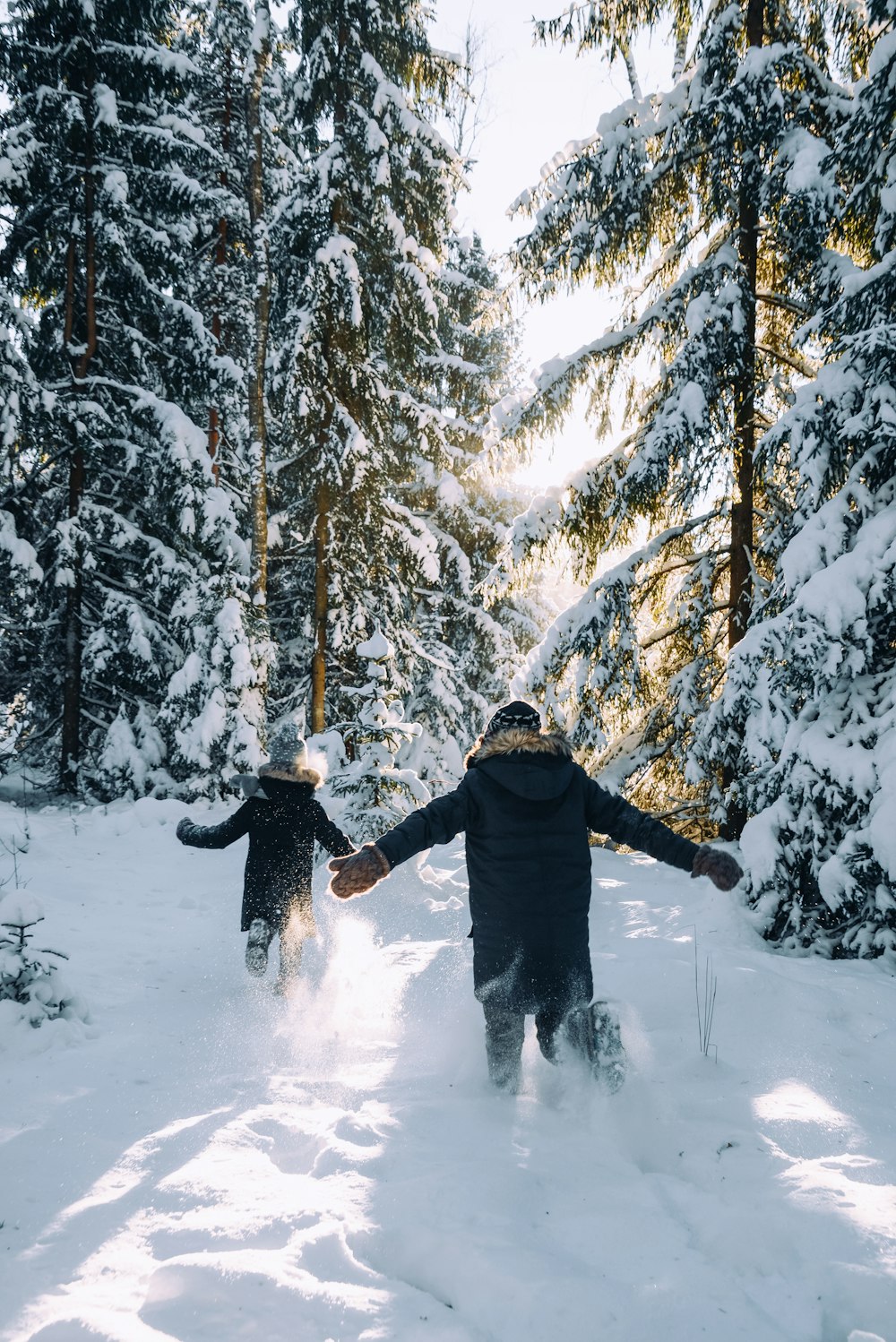 a couple people playing in the snow