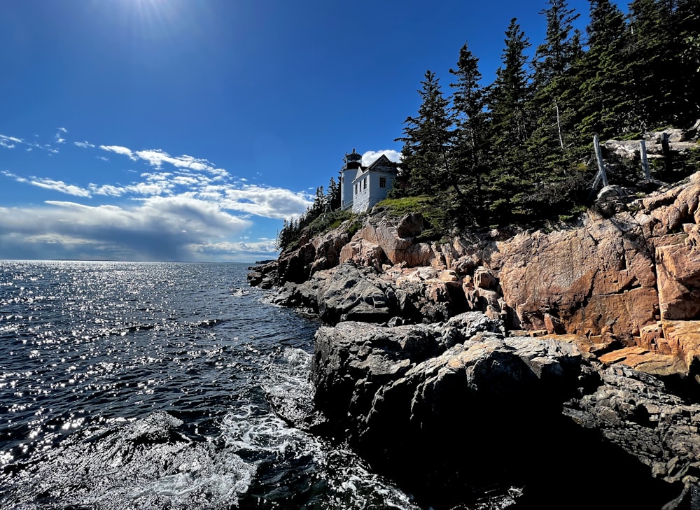 a rocky beach with a house on it with Acadia National Park in the background